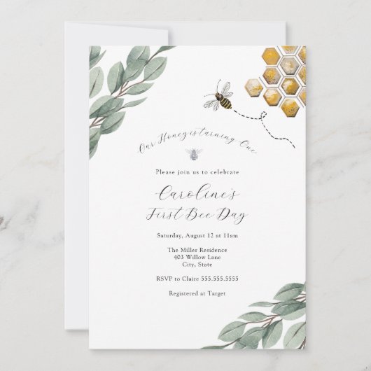Onze Honey Bee Eucalyptus Verjaardagsuitnodiging Kaart (Voorkant)