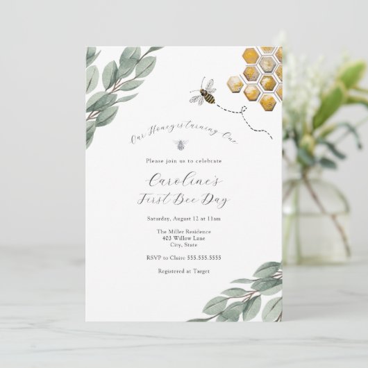 Onze Honey Bee Eucalyptus Verjaardagsuitnodiging Kaart (Staand voorkant)