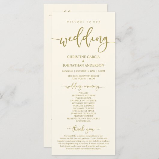 Onze huwelijksceremonie, Elegant Classy Gold Programmakaart (Voorkant / Achterkant)