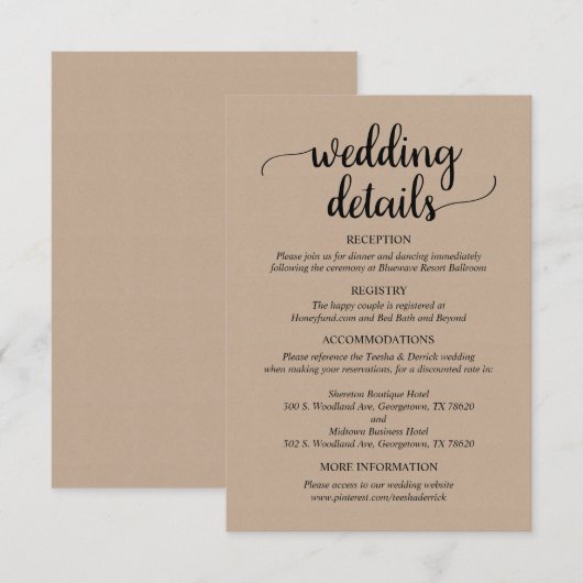 Onze huwelijksgegevens, Robuust Light Brown Kraft Informatiekaartje (Voorkant / Achterkant)