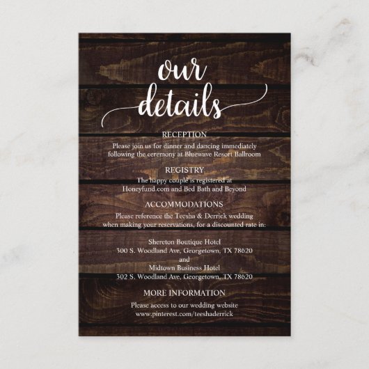 Onze huwelijksgegevens, Rustic Dark Wood Geëerd Informatiekaartje (Voorkant)