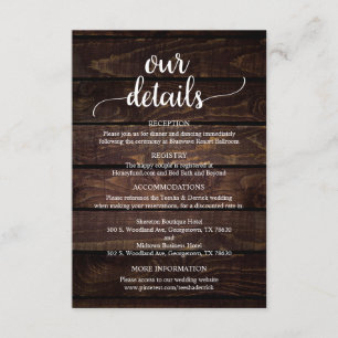 Onze huwelijksgegevens, Rustic Dark Wood Geëerd Informatiekaartje