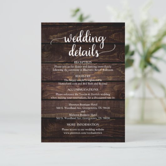 Onze huwelijksgegevens, Rustic Navy Blue Script En Informatiekaartje (Staand voorkant)