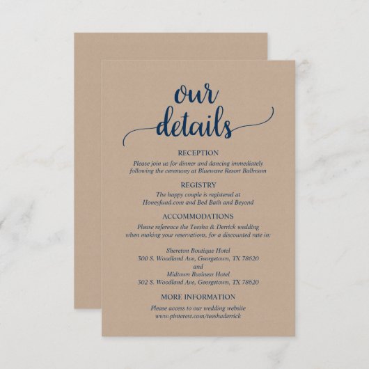 Onze huwelijksgegevens, Rustic Navy Blue Script Informatiekaartje (Voorkant / Achterkant)