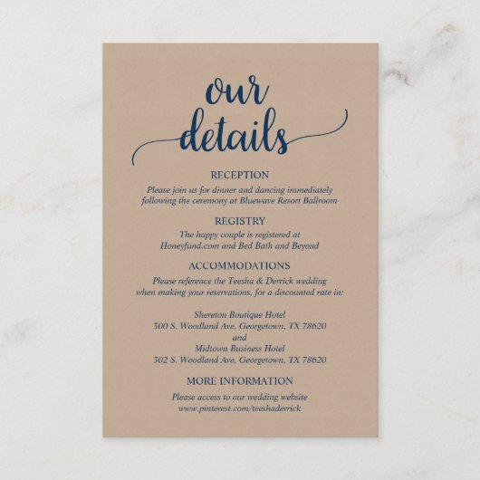 Onze huwelijksgegevens, Rustic Navy Blue Script Informatiekaartje (Voorkant)