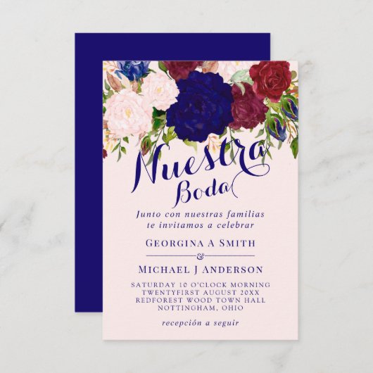 Onze Huwelijksuitnodiging Burgundy Blauw Roze Bloe Kaart (Voorkant / Achterkant)