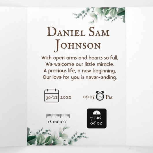 "Onze kleine" aanpasbare geboortetekaart met Tri-F Drieluik Wenskaart (Binnenkant midden)