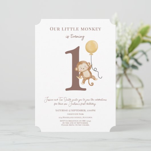 Onze kleine aap baby jongen 1e verjaardag uitnodig kaart (Staand voorkant)