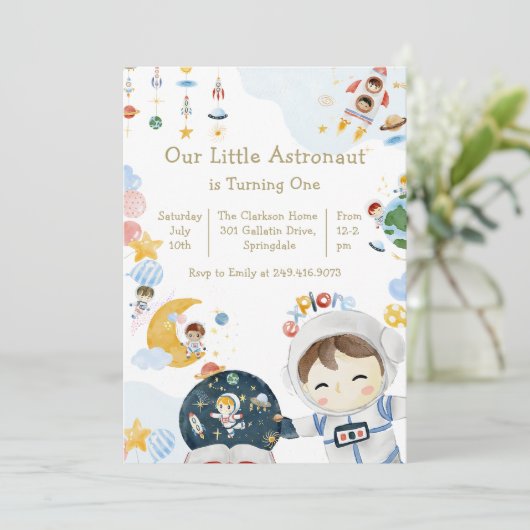 Onze kleine astronaut thema verjaardagsfeest kaart (Staand voorkant)