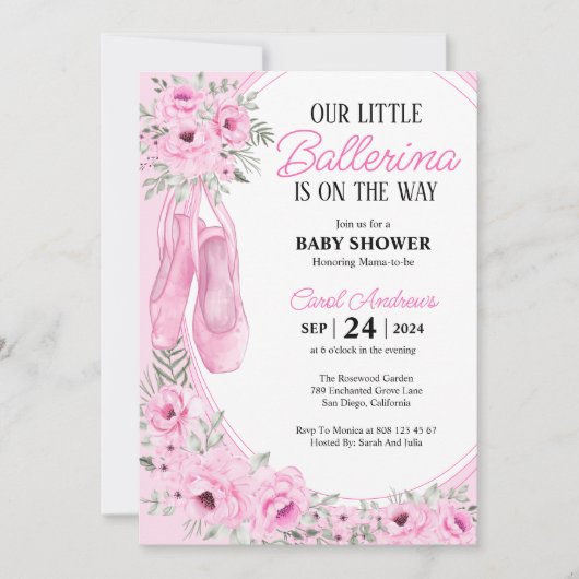 Onze Kleine Ballerina roze Bloemen Baby shower Kaart (Voorkant)