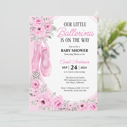 Onze Kleine Ballerina roze Bloemen Baby shower Kaart (Staand voorkant)
