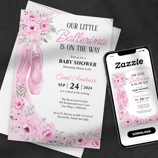 Onze Kleine Ballerina roze Bloemen Baby shower Kaart