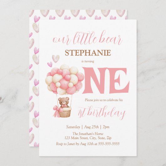 Onze kleine Beer roze heteluchtballon 1e verjaarda Kaart (Voorkant / Achterkant)