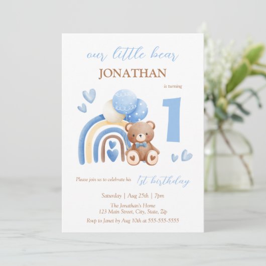 Onze kleine Beren regenboogballon 1e verjaardag Kaart (Staand voorkant)