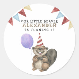 Onze kleine bever 1e verjaardag feest ronde sticker