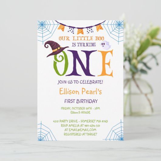 Onze kleine boe die een, Halloween 1e verjaardag d Kaart (Staand voorkant)