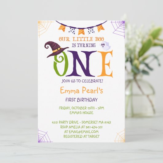 Onze kleine boe die een, Halloween 1e verjaardag d Kaart (Staand voorkant)