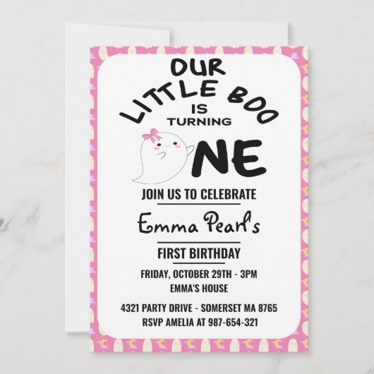 Onze kleine boe draait er één, roze meisje hallowe kaart (Voorkant)