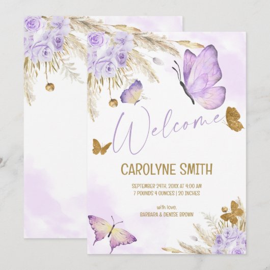 Onze kleine boho Paarse vlinder geboorte Aankondiging (Voorkant / Achterkant)