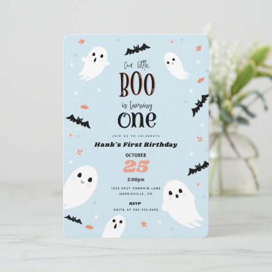 Onze kleine Boo Blue Halloween Eerste Verjaardag Kaart (Staand voorkant)