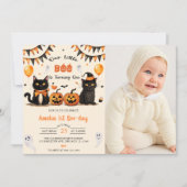 Onze kleine boo draaien zwarte kat halloween foto kaart (Voorkant)