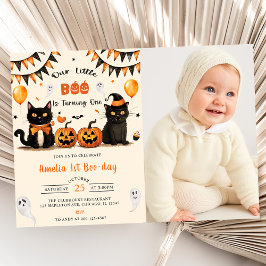 Onze kleine boo draaien zwarte kat halloween foto kaart