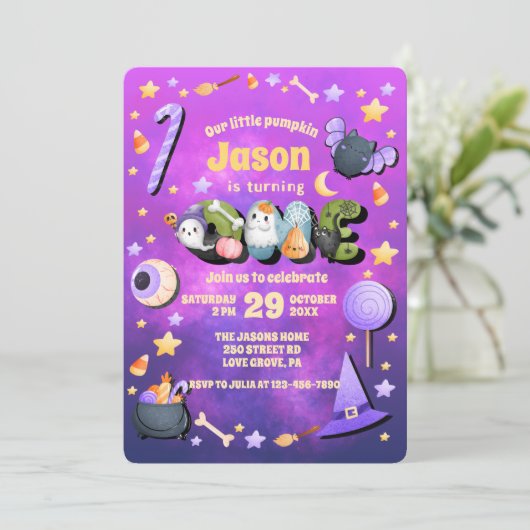 Onze kleine Boo Paarse Halloween 1e verjaardag Bab Kaart (Staand voorkant)