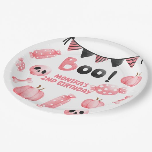 Onze kleine boo roze meisje halloween 2e verjaarda papieren bordje (Gekanteld)