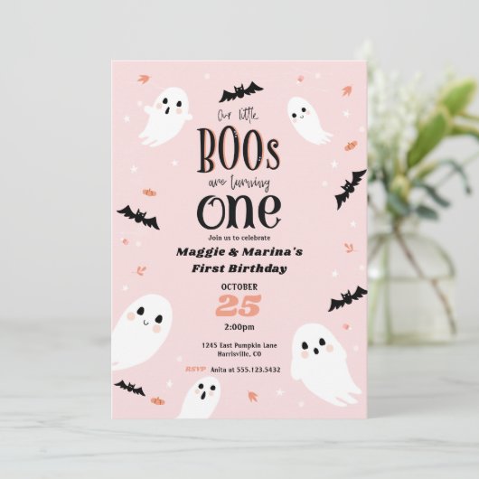 Onze kleine Boos roze Twin Halloween Eerste Verjaa Kaart (Staand voorkant)