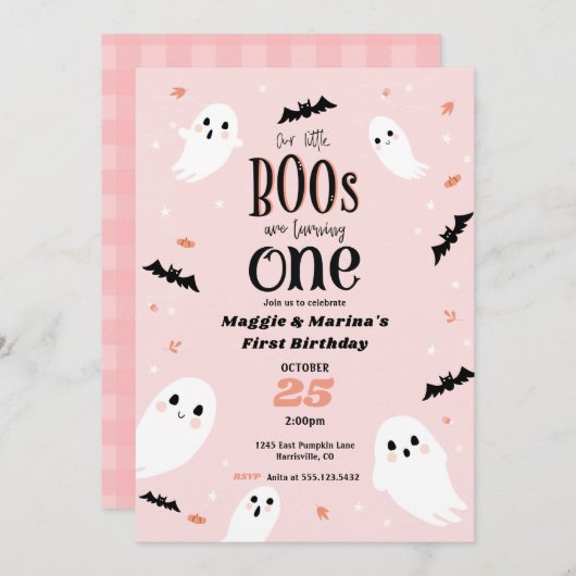 Onze kleine Boos roze Twin Halloween Eerste Verjaa Kaart (Voorkant / Achterkant)