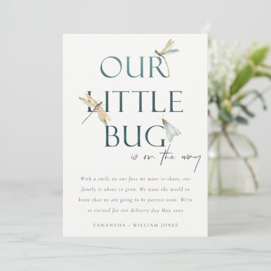 Onze kleine Bug Blue Dragonfly-Baby bekendmaking Kaart (Staand voorkant)