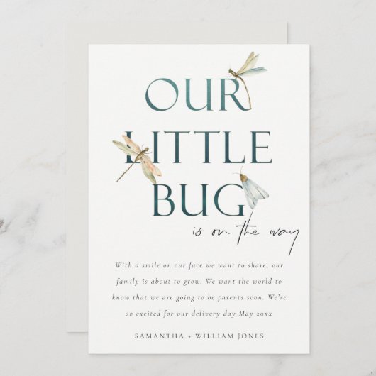 Onze kleine Bug Blue Dragonfly-Baby bekendmaking Kaart (Voorkant / Achterkant)