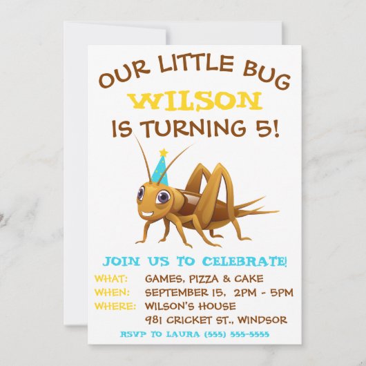 Onze kleine bug, cricket, verjaardagsfeestje kaart (Voorkant)