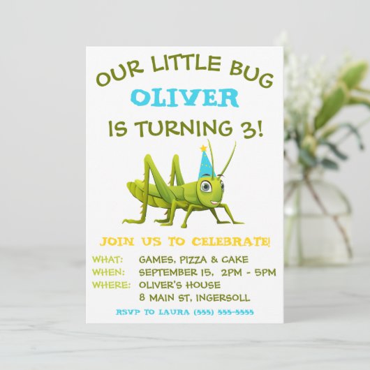 Onze kleine bug, sprinkhaan, verjaardagsfeestje kaart (Staand voorkant)