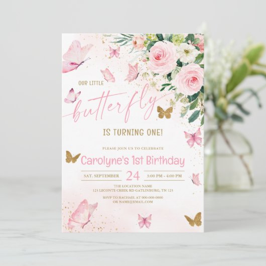 Onze kleine Butterfly roze Floral Birthday Kaart (Staand voorkant)