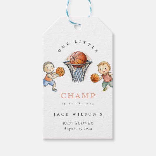 Onze kleine Champ Basketbal Basket Boy Baby shower Cadeaulabel (Voorkant)