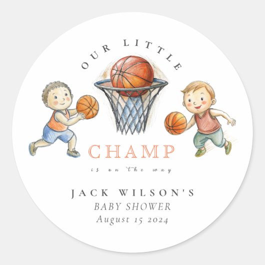 Onze kleine Champ Basketbal Basket Boy Baby shower Ronde Sticker (Voorkant)