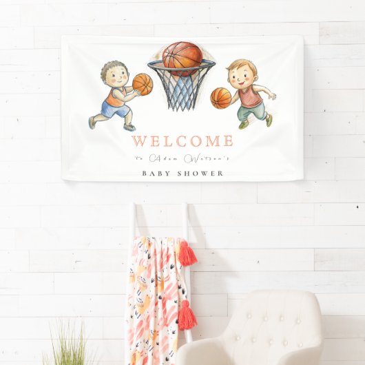 Onze kleine Champ Basketbal Basket Boy Baby shower Spandoek (Insitu)