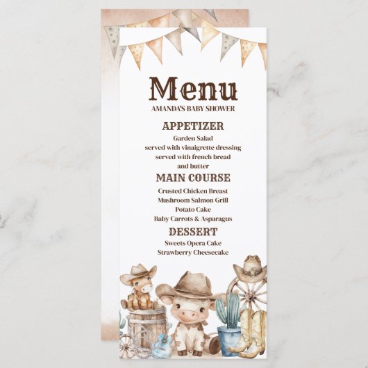 Onze Kleine Cowboy Baby Shower Cactus Woestijn Men Menu (Voorkant / Achterkant)
