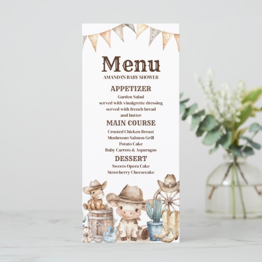 Onze Kleine Cowboy Baby Shower Cactus Woestijn Men Menu (Staand voorkant)