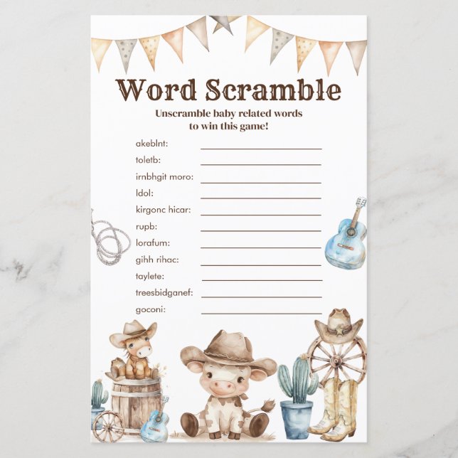 Onze kleine Cowboy Baby shower Word Scramble spel (Voorkant)