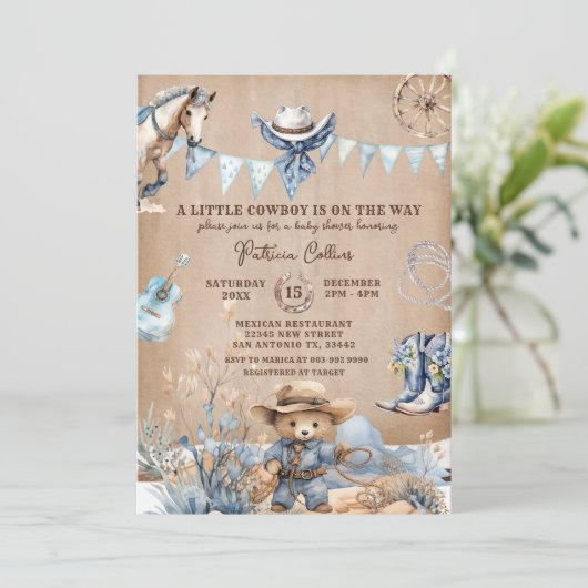 Onze kleine cowboy is op weg naar het Baby shower Kaart (Staand voorkant)