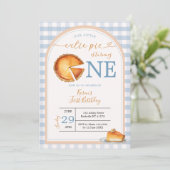 Onze Kleine Cutie Pie Blue Gingham eerste verjaard Kaart (Staand voorkant)