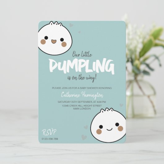 Onze kleine Dumpling Blue Boy Baby shower Kaart (Staand voorkant)