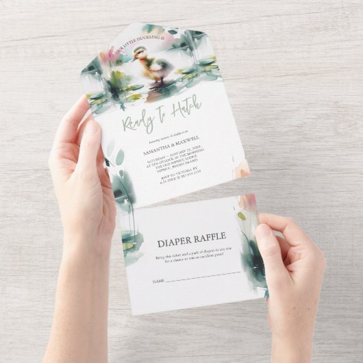 Onze kleine eendje Waterverf Baby shower All In One Uitnodiging (Afscheurbaar)