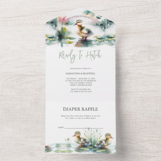 Onze kleine eendje Waterverf Baby shower All In One Uitnodiging (Binnen)