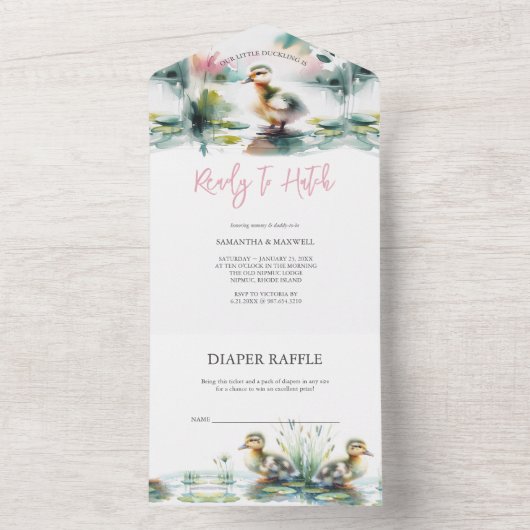 Onze kleine eendje Waterverf Baby shower All In One Uitnodiging (Binnen)