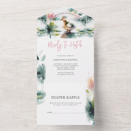 Onze kleine eendje Waterverf Baby shower All In One Uitnodiging (Binnen)