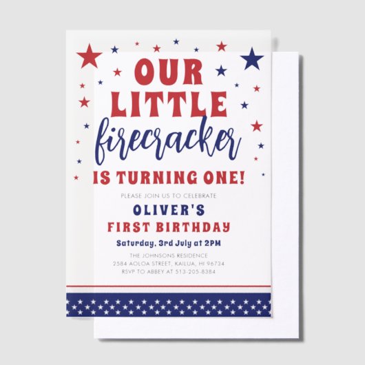 Onze kleine Firecracker 1e verjaardag Vellum Uitnodigingen (Offset)