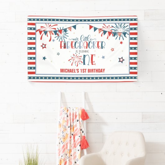 Onze Kleine Firecracker 1e Verjaardagsbanner Spandoek (Insitu)